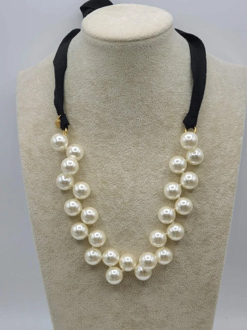 J Crew Faux Pearl Necklace with Black Ribbon Tie